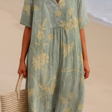 Clementina - Vestido Azul-Cinza con Bordado Floral