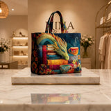 Bolso Artesanal - Dragón Lector de Libros y Tazas